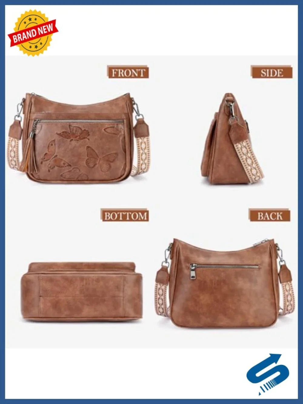 Vegan Leather Hobo Crossbody Purse with Adjustable Strap Butterfly Embossed